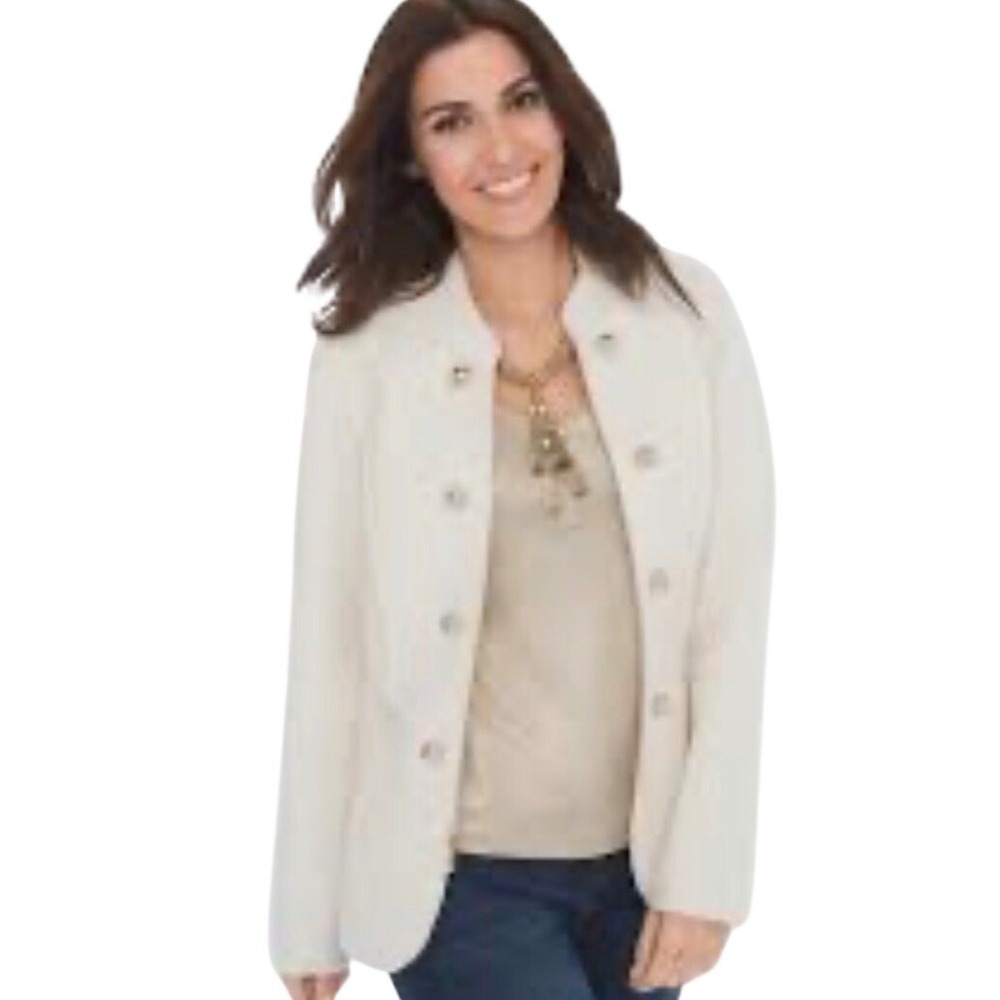 Chicos Jacket Women size 2 Cream Wool Blend Gold Button Military Zip